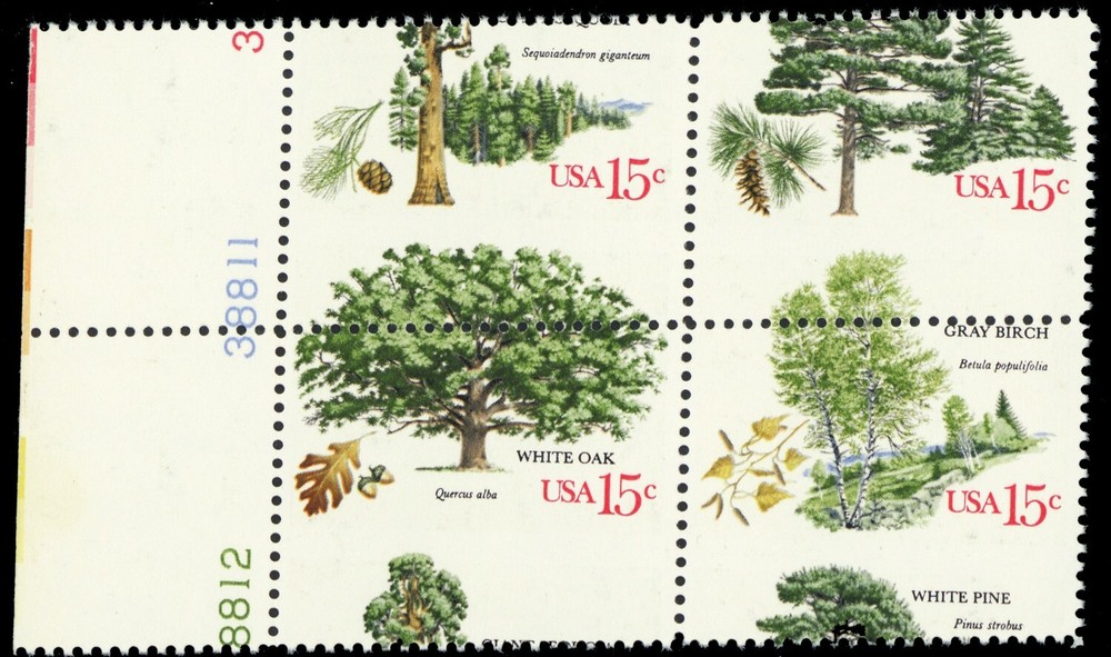 1767a, Mint NH 15¢ Misperfed Shift Error Block Trees - Stuart Katz