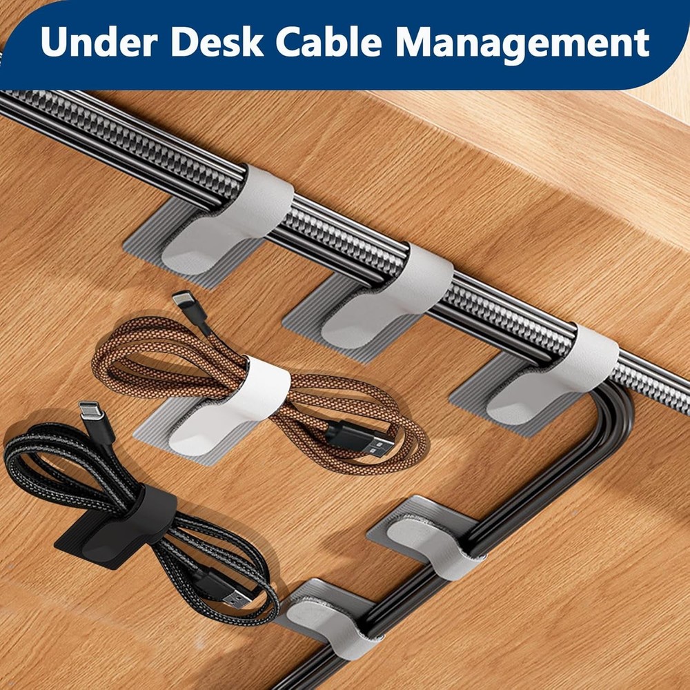 50 PCS Hook and Loop Cable Ties, Under Desk Cable Management Self Adhesive Cable