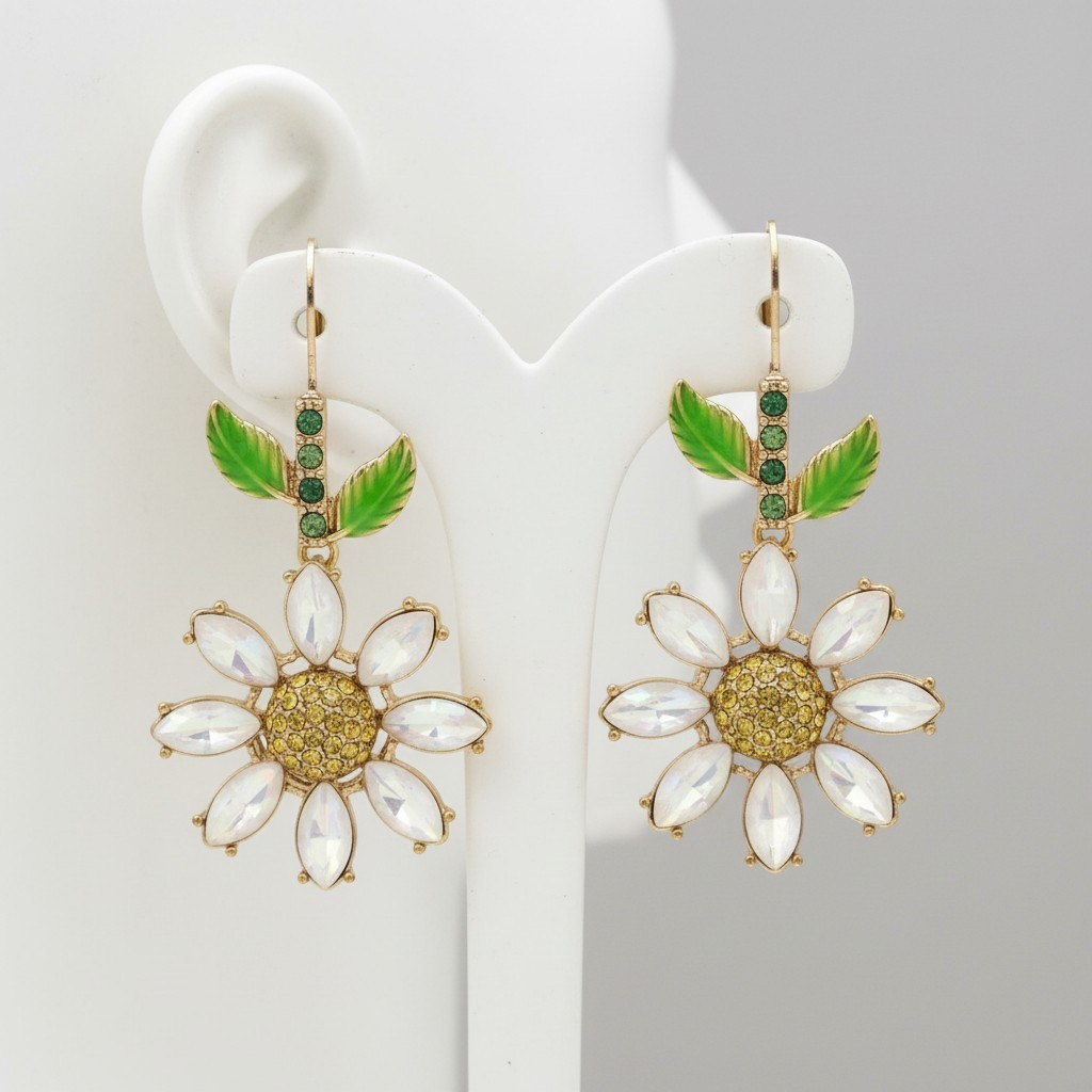 Betsey Johnson Earrings Gold Tone Crystal Daisy Drop Floral Leverback