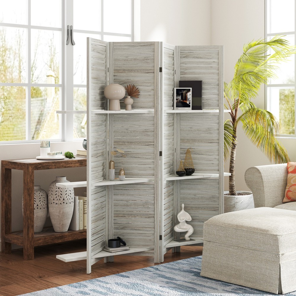 4 Panel Privacy Screen, Room Divider with 3 Shelves Distressed White