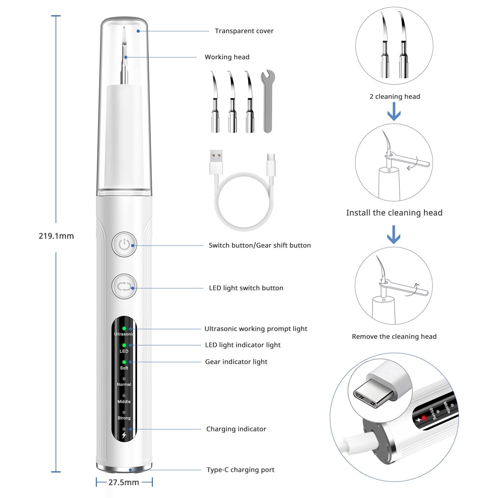 Ultrasonic Tooth Cleaner Tartar Plaque Remover Electric Dental Whiten Kit Scaler