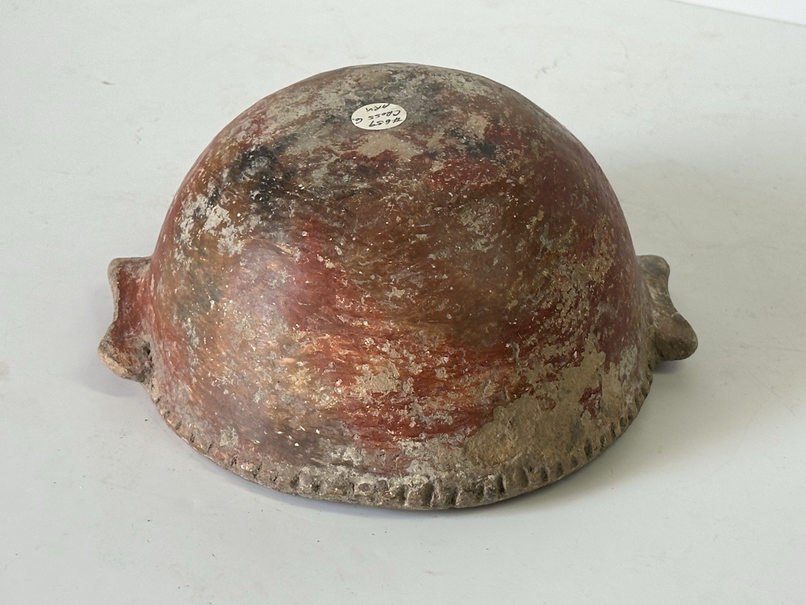 COLORFUL RED QUAPAW POTTERY HANDLED PIE CRUST BOWL ARKANSAS MISSISSIPPIAN JAR