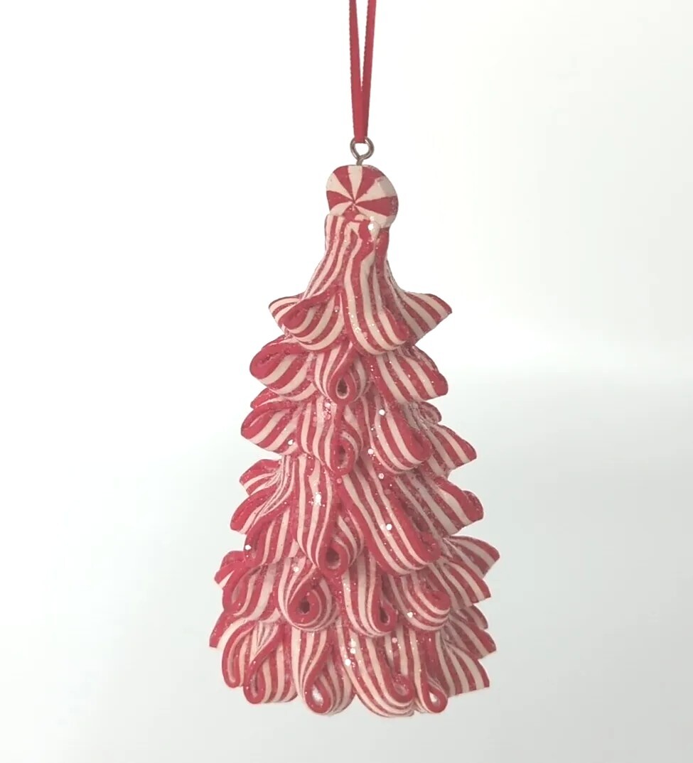 Christmas Peppermint Candy Cane Ribbon Tree Holiday Ornament 4.5" Icy Sparkling