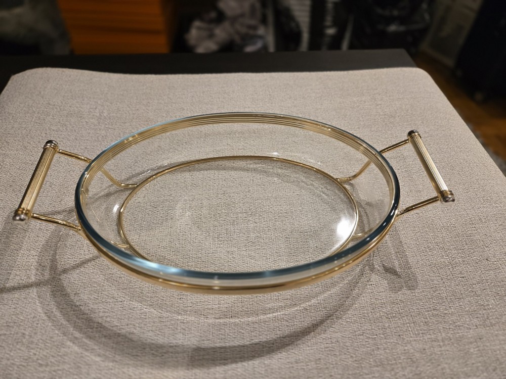 Christofle France Gold Tone Silver Plate Oval Serving Dish w Pyrex Glass Insert