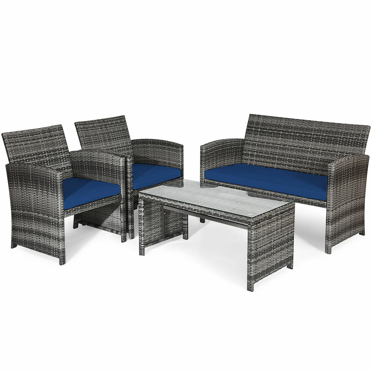 4PCS Patio Rattan Furniture Set Conversation Glass Table Top Sofa Cushioned Navy