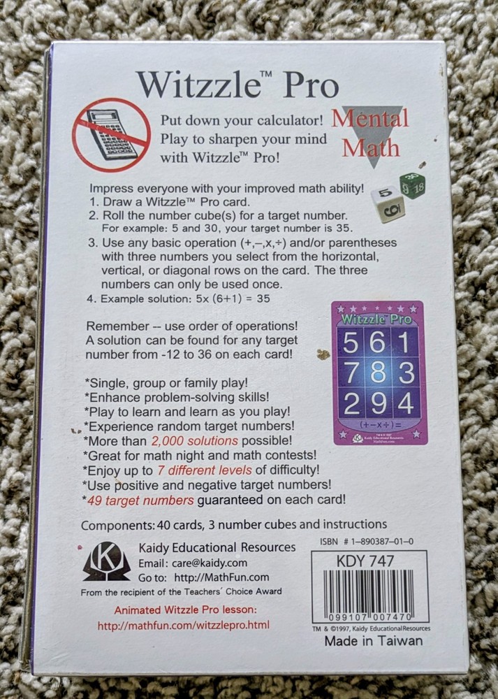 Witzzle Pro Math Game 1997 Kaidy Educational
