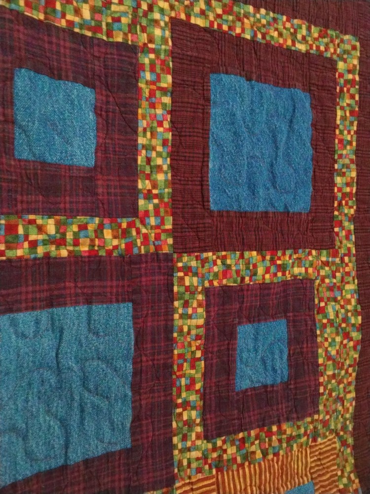 Patchwork Quilt 46"X52", Square Deep Colors Strip, Checkered, Denim, Plaid, Nice