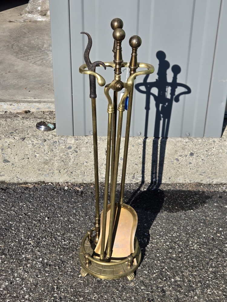 Vintage Solid Brass Fireplace 3 Tools with Stand Set 4x PIECE Round Claw Footed