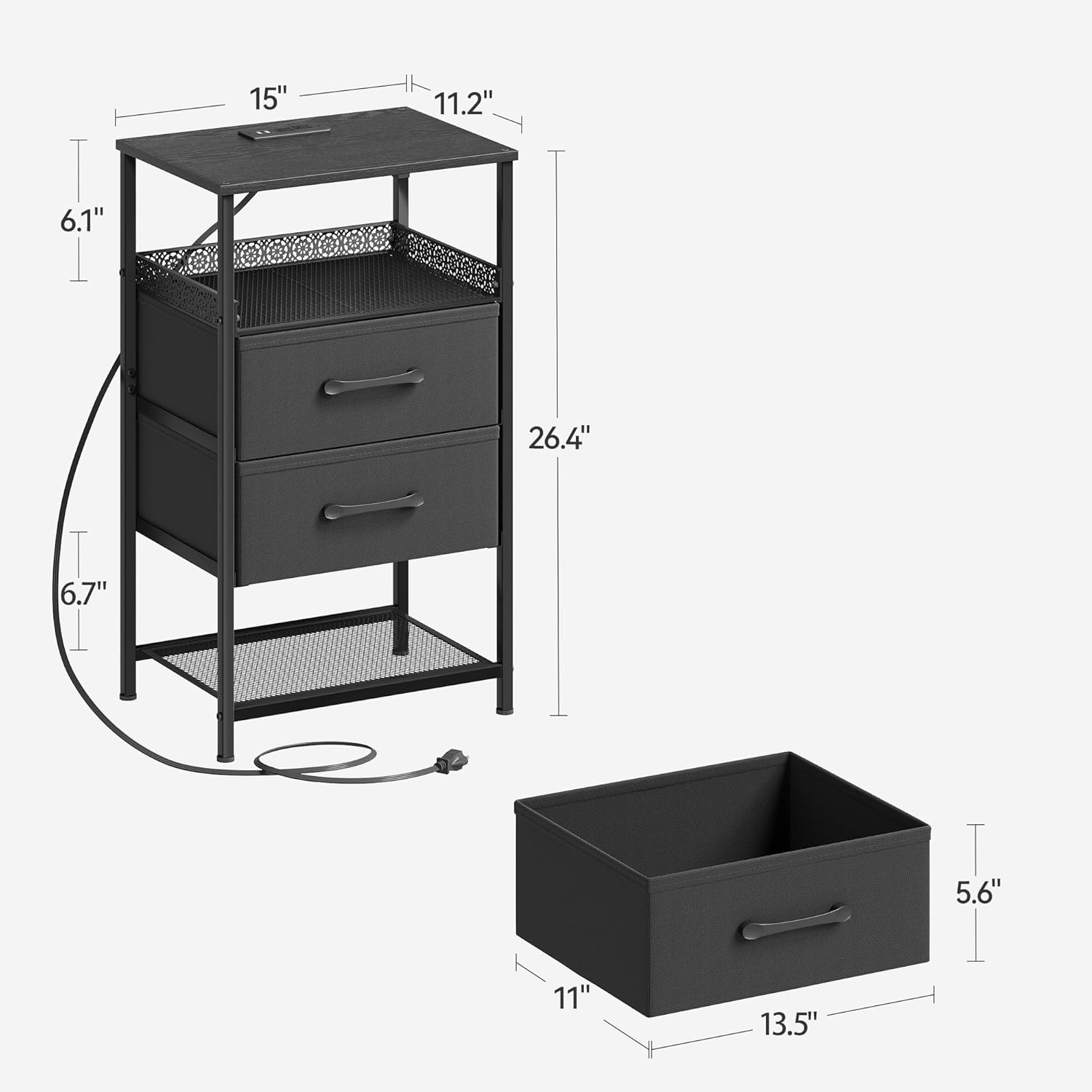 Nightstand Set of 2 with Charging Station, Night Stands with LED Lights, 26.4 In