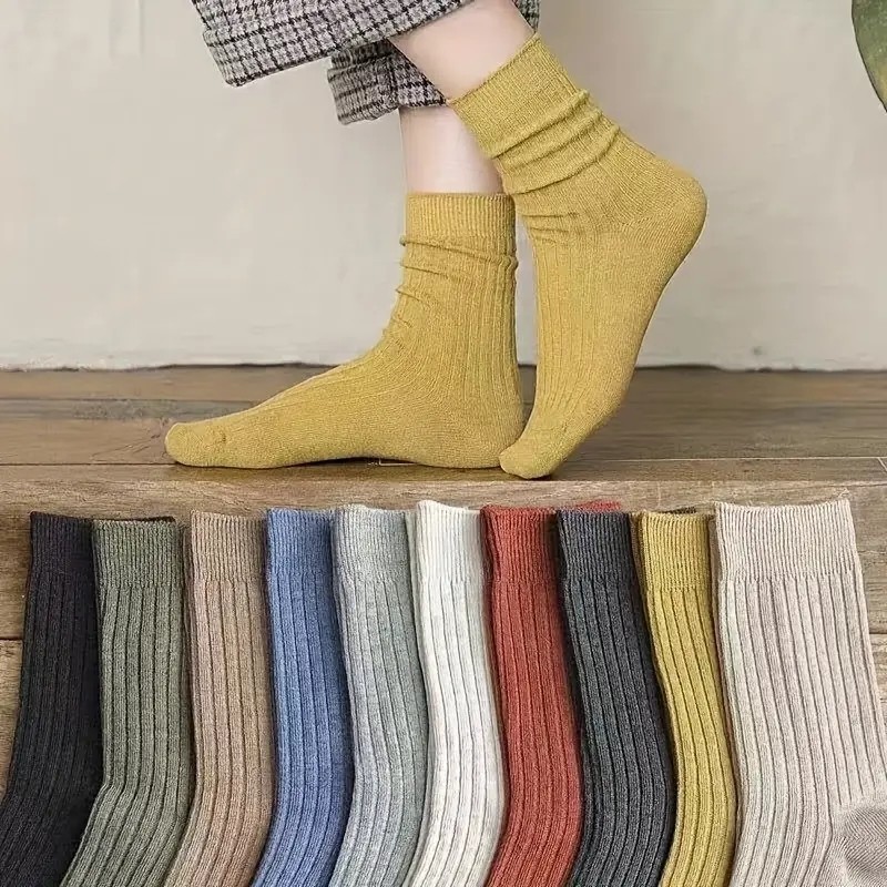 10 Pairs Women’s Soft Blend Mid-Length Socks Solid Colors Japanese Retro Style