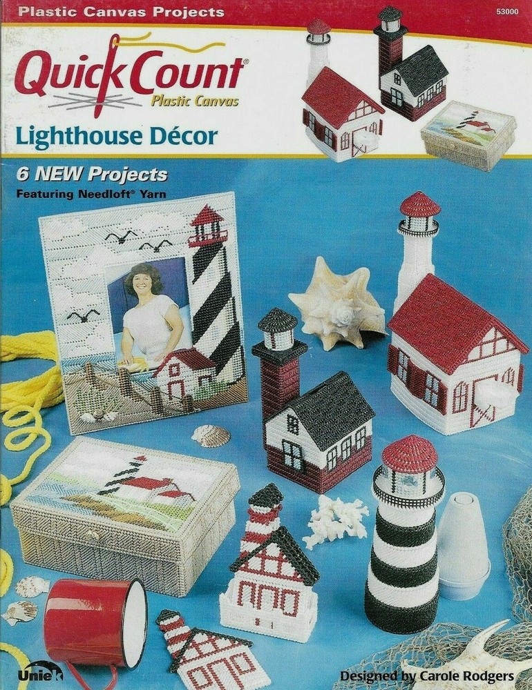 USED LIGHTHOUSE DECOR TISSUE COVER COASTERS FRAME PLASTIC CANVAS PATTERN BOOK