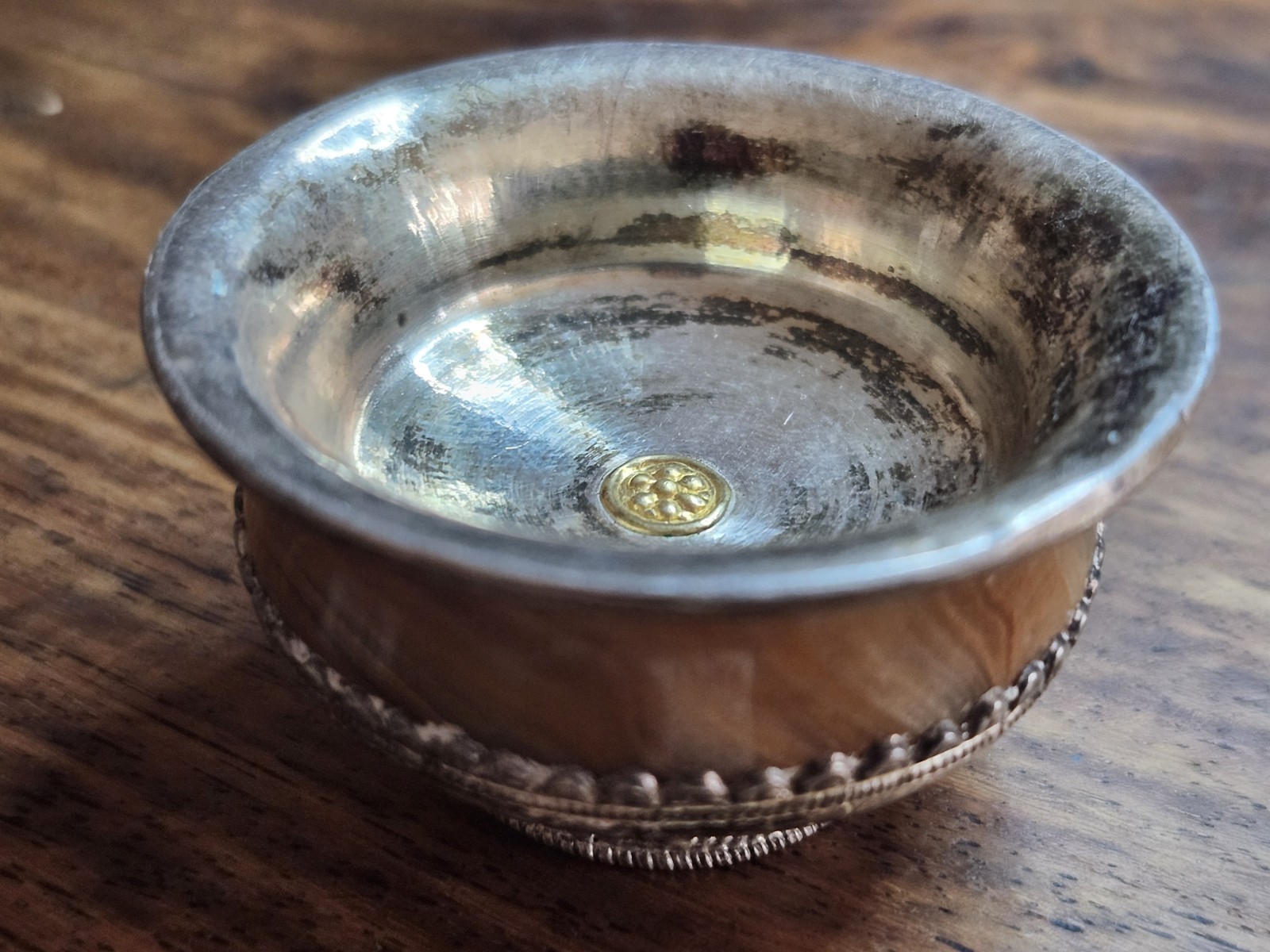 Tibetan Jha Phor Silver & Carved Stone Ritual Tea Bowl 2” Nepal 57.94 Grams