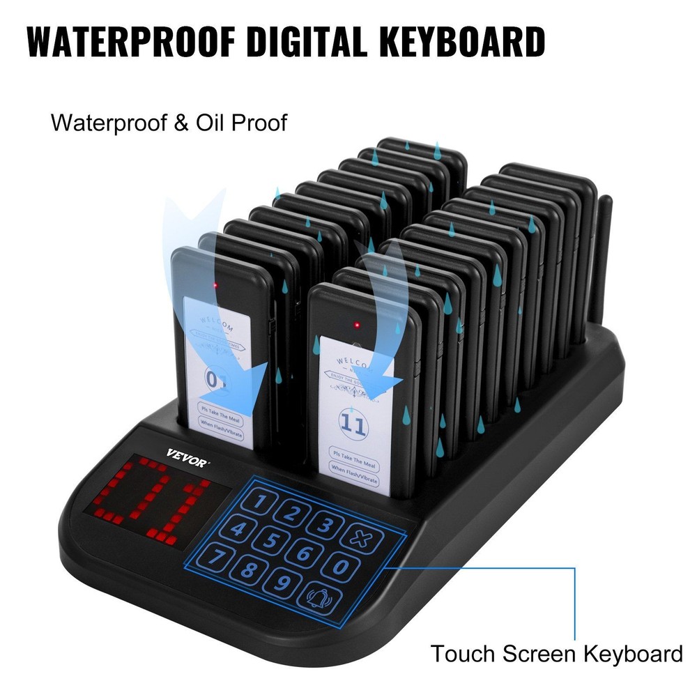 20 Pagers Wireless Calling System with Touch Keyboard & Vibration & Flashing