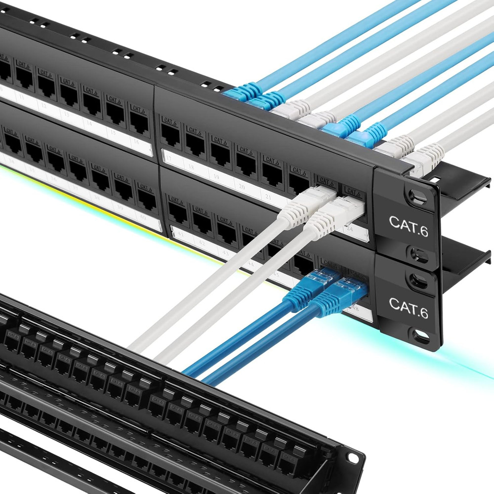 48 Port Cat6 Patch Panel with Inline Keystone 10G Support, Pass-Thru Coupler