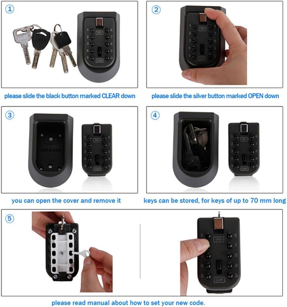 Wall Mounted Key Lock Box Weather Resistant with Push Button Code Black Safe