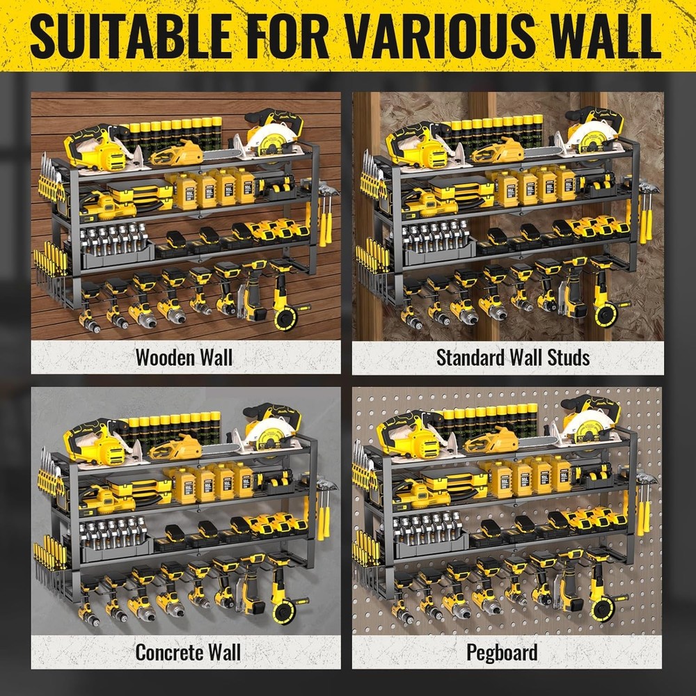 Large Power Tool Organizer Wall Mount 8 Drill Holder 4 Layer Metal Storage