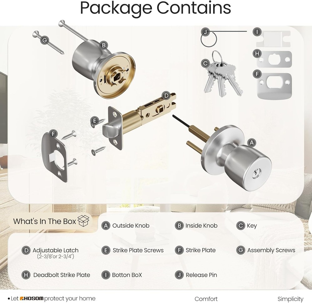 HOSOM Door Knobs with Lock and Key, Keyed Entry 2 Pack, Satin Nickel