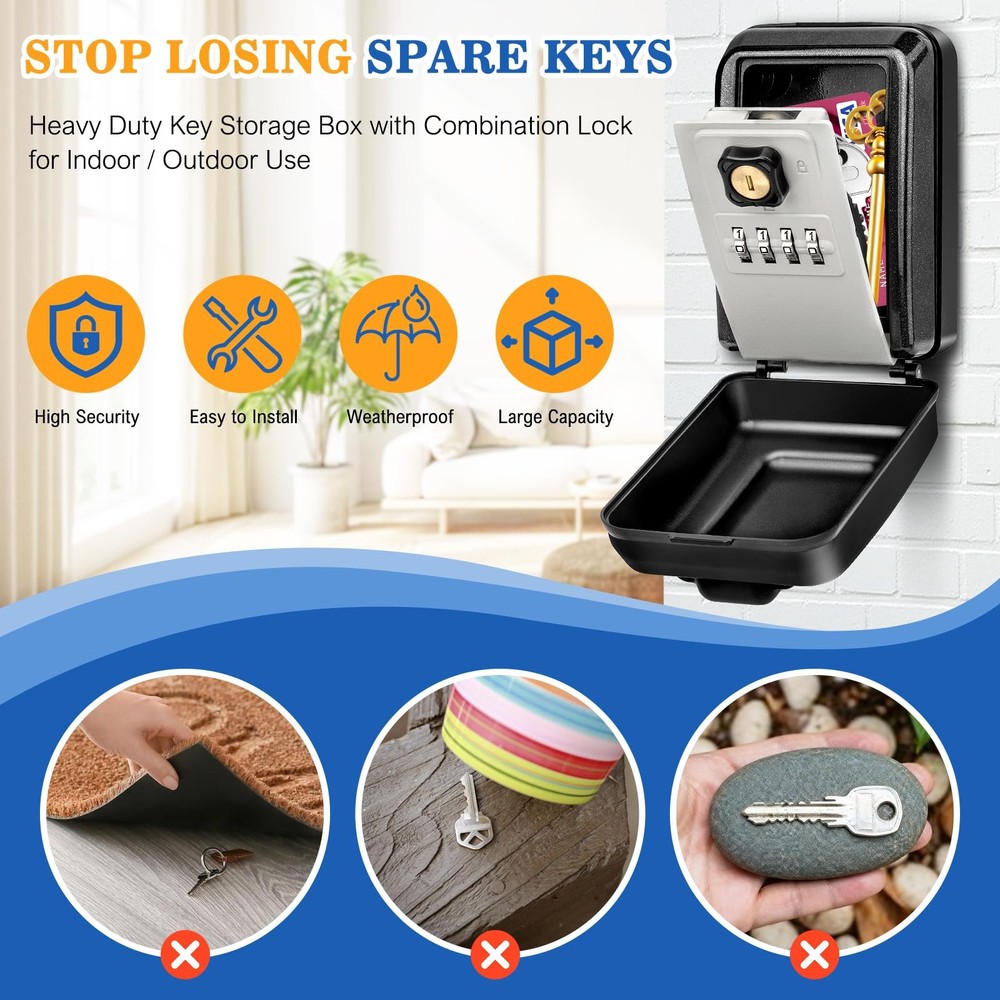 Wall Mount Key Lock Box, Waterproof Lock Box for Keys with Code -Resettable C...