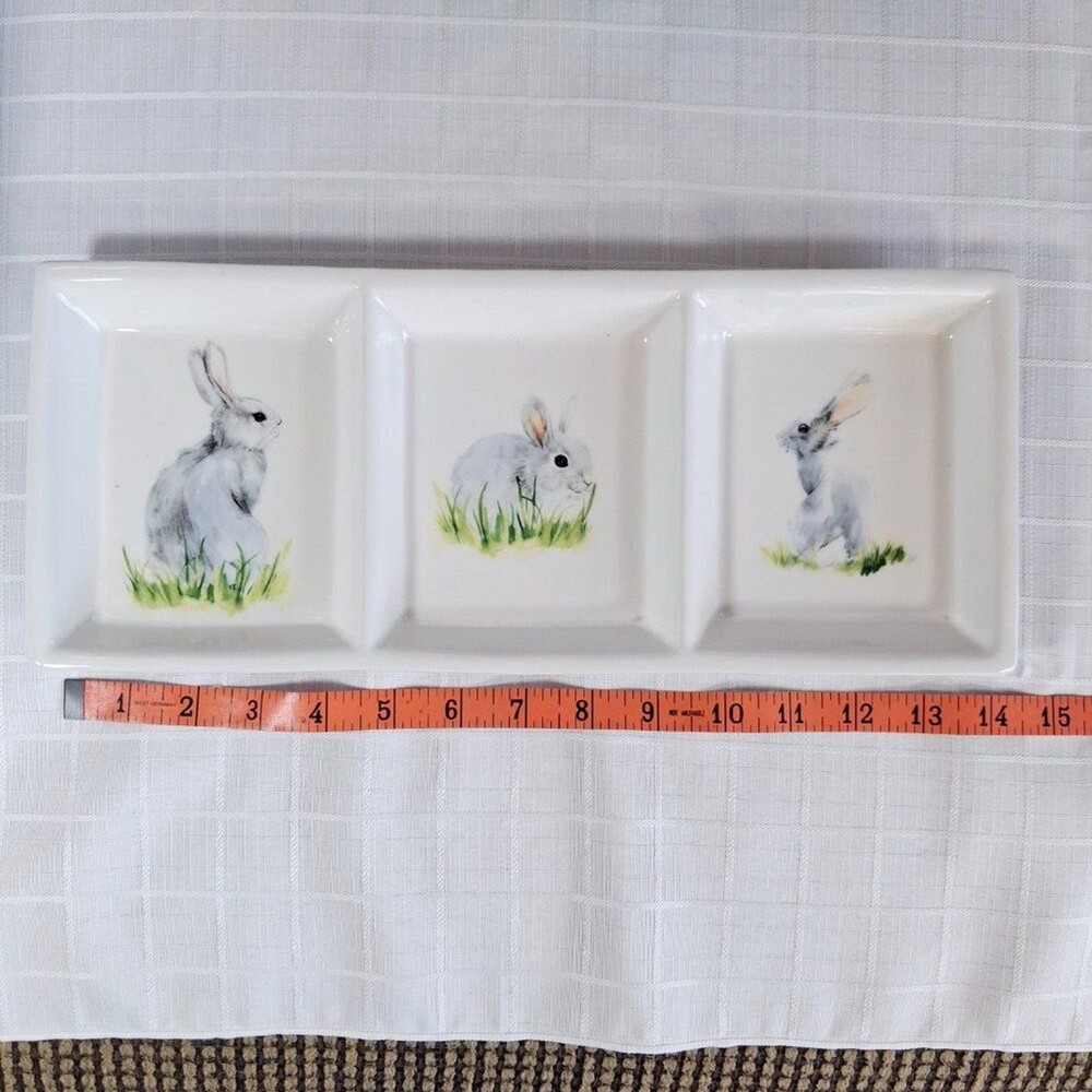 3 Compartment Ceramic Bunny Serving Dish Candy Appetizer 14.5" x 6"