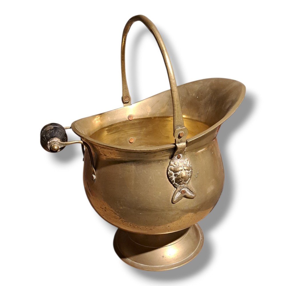 Vintage Solid Brass Coal Scuttle Copper Rivets Ornate Handle 1920s Fireplace