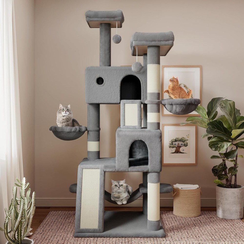 Large 65" Cat Tree Tower with Cozy Perches, Scratching Posts & Hammock - Grey