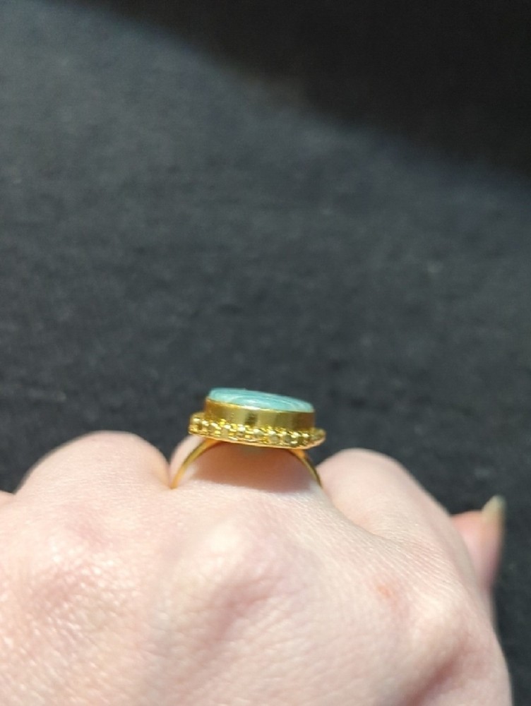 Gold Tone Blue Green Amazonite Gemstone Oval Statement Ring - Size 9