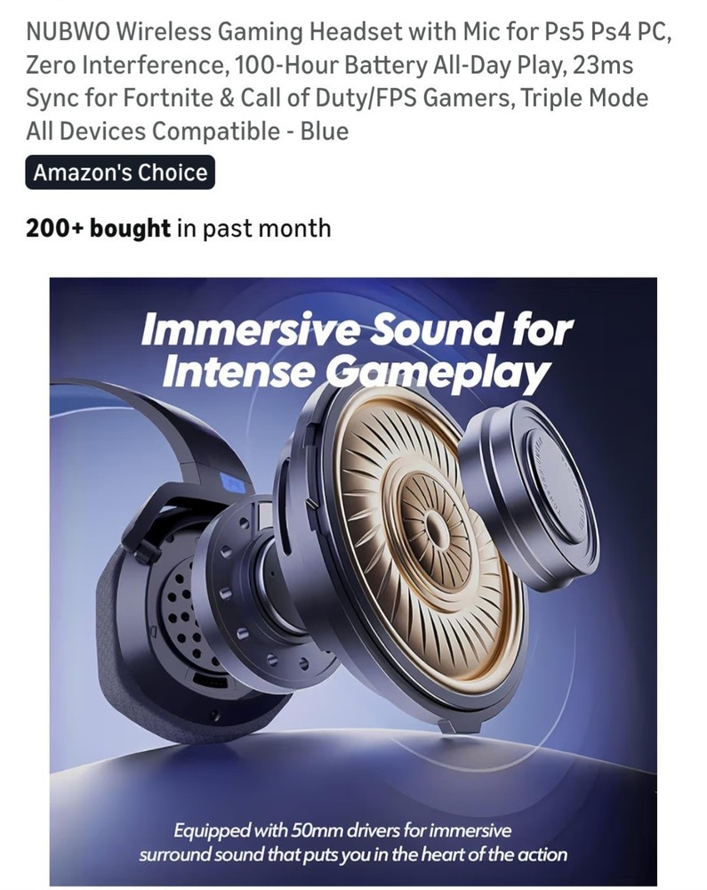 NUBWO Wireless Gaming Headset with Mic for Ps5 Ps4 PC, Zero Interference, 100-Hr