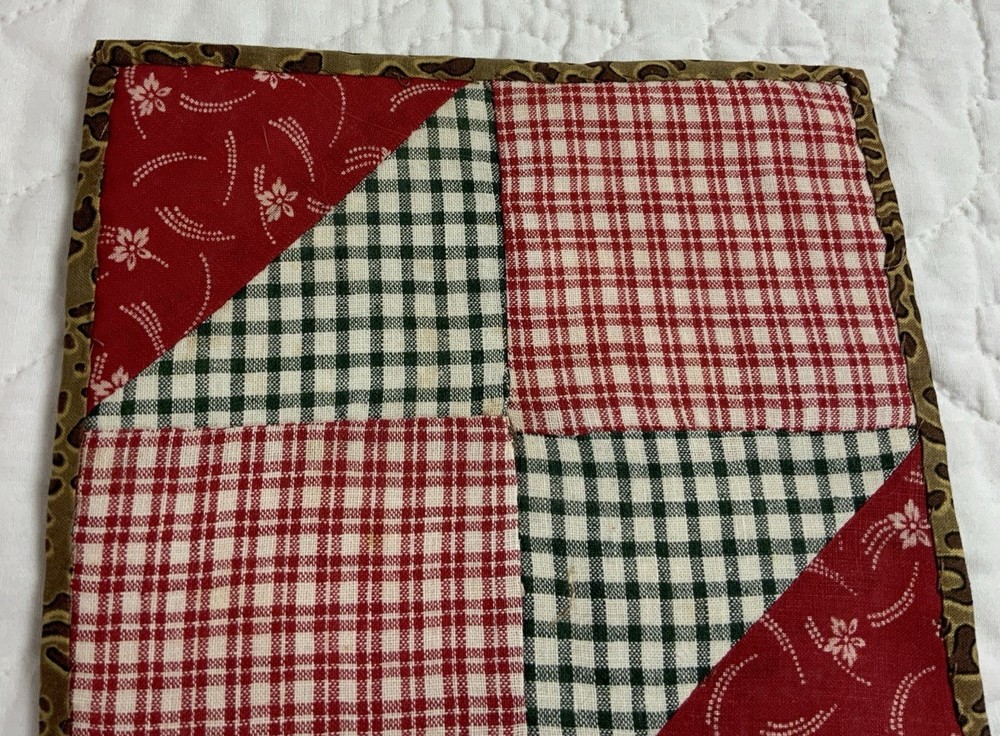 Antique Patchwork Quilt Table Topper, Four Patch, Early Calicos, Checks, Red