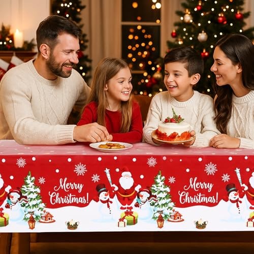 3PCS Christmas Tablecloth Rectangular Plastic Christmas Tablecloth, Winter Red