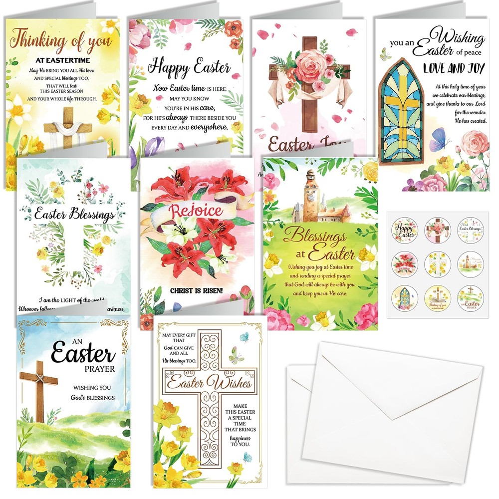 18pcs Easter Greeting Cards He Is Risen Card, Easter Cross Religious Cards with