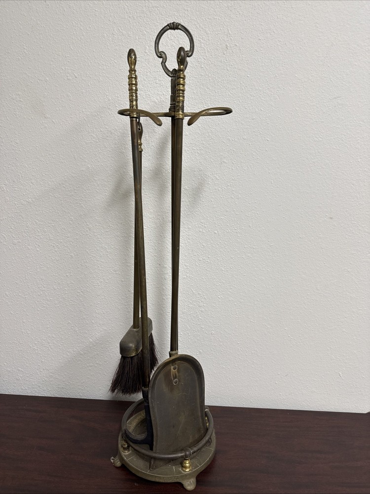 Vintage Solid Brass Fireplace Tool Set – Complete 4-Piece Hearth Set Nice Patina
