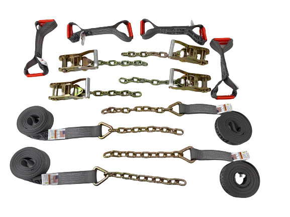 8 pt Kit 18' Grey Diamond Weave Rollback / Flatbed Car Tie-Downs w/ Chain Tails