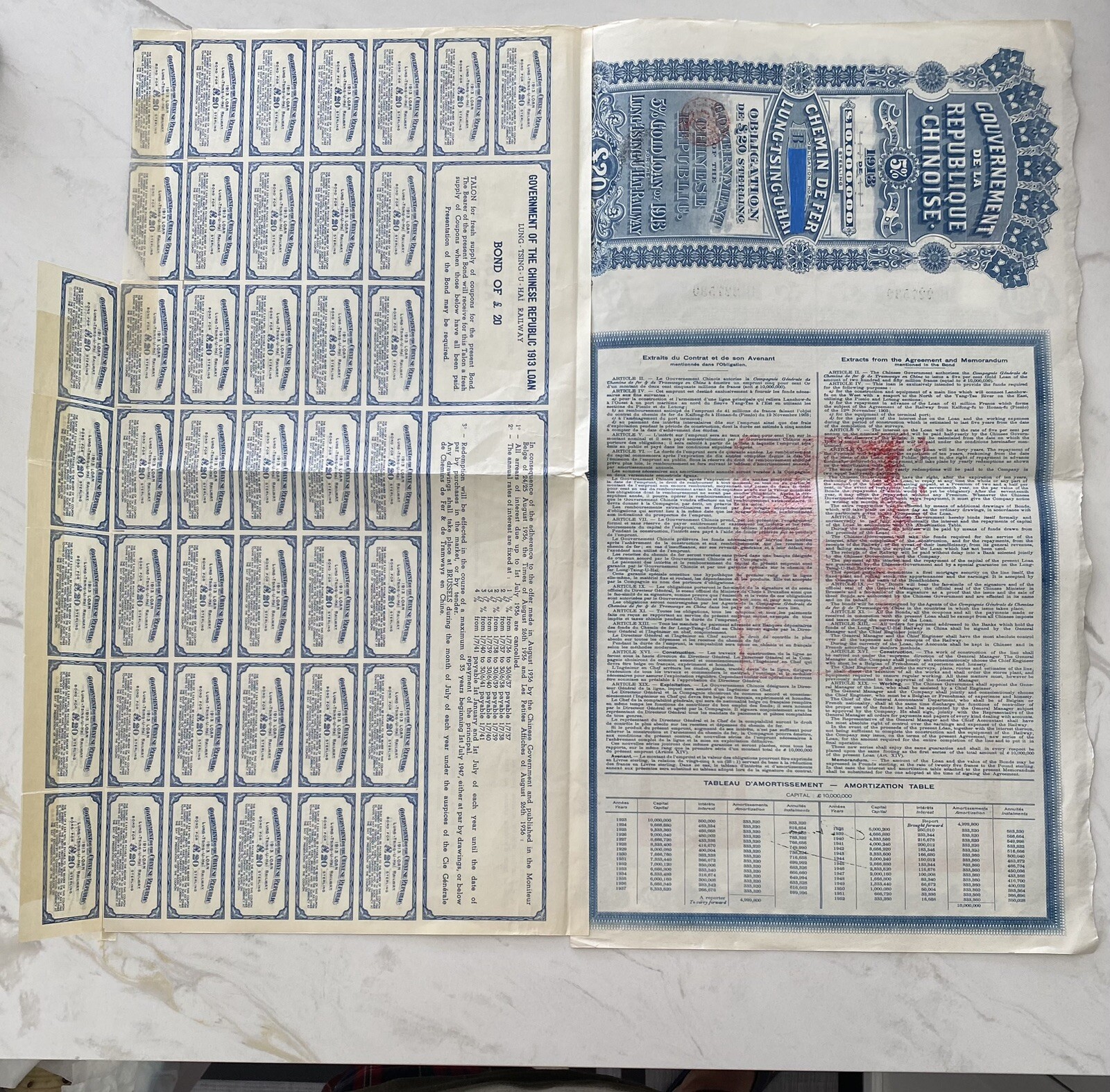 Super Petchili Bonds 1913 Lung Tsing U Hai Coupons with PASS-CO authentication .