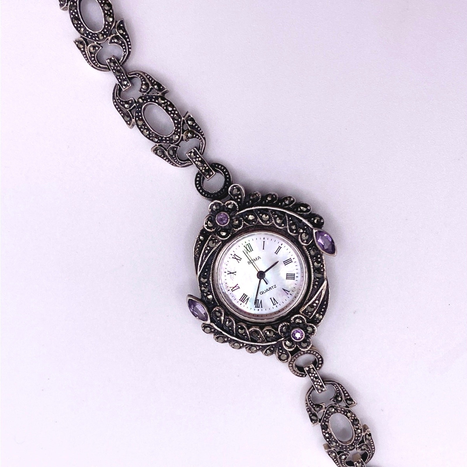 Boma Vintage Sterling Silver With Marcasite And Amethyst Watch 7”