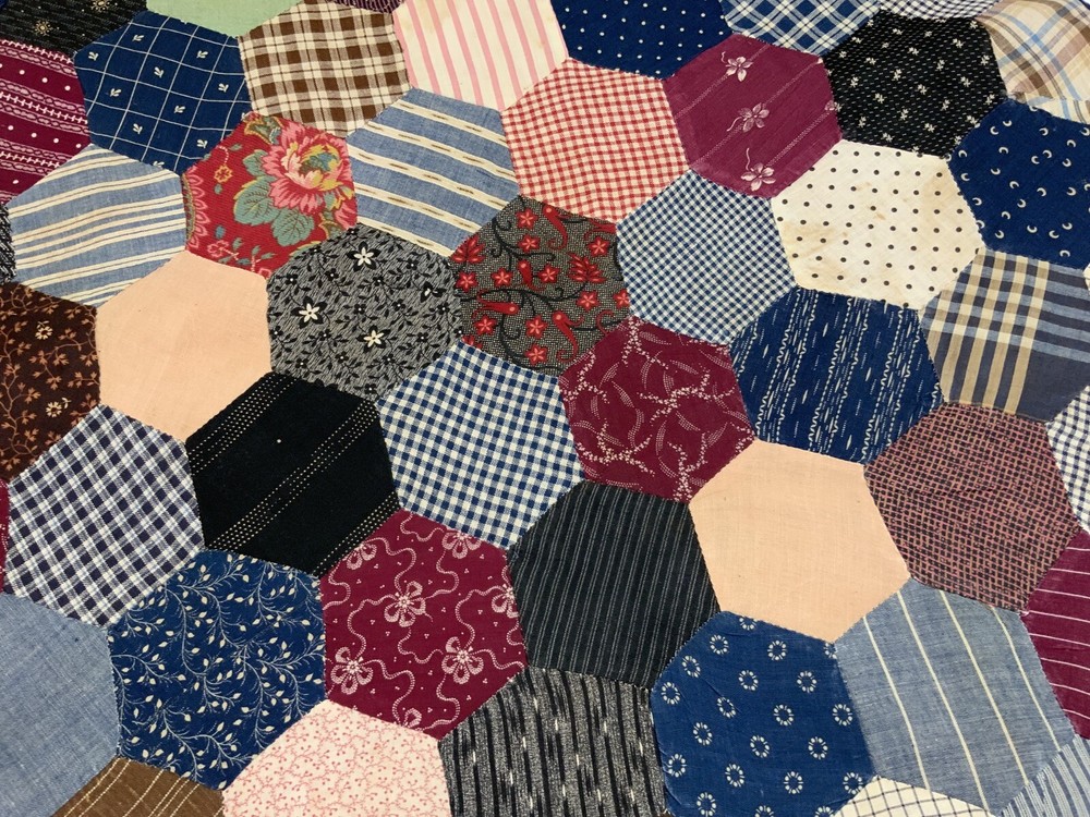 Antique Patchwork Quilt Table Topper, Octagons, Early Calico Prints, Navy, Multi