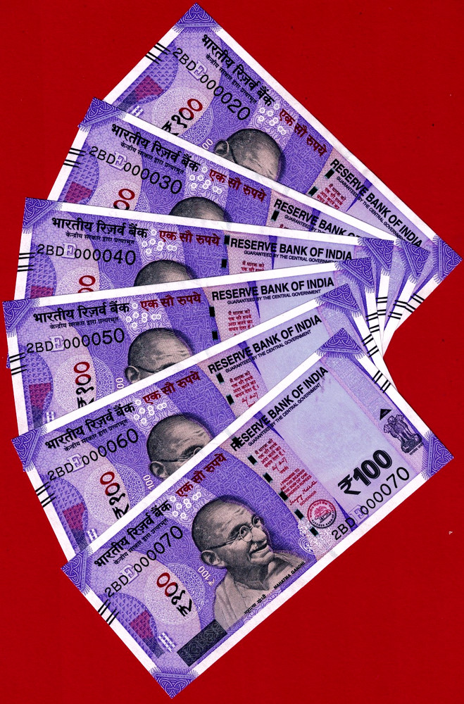 INDIA RARE SOLID FANCY BINOMIAL LOW-SERIAL NOTE 100 Rupees 2025 UNC Note P-112hE