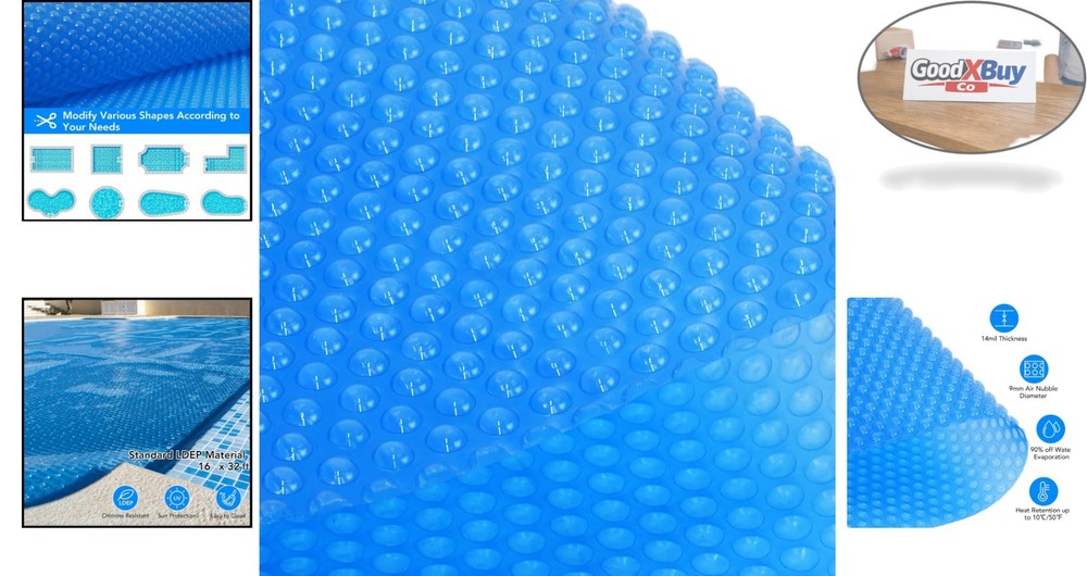 Pool Solar Cover 16x32ft Rectangular 300um Blue Waterproof Insulation Blanket...