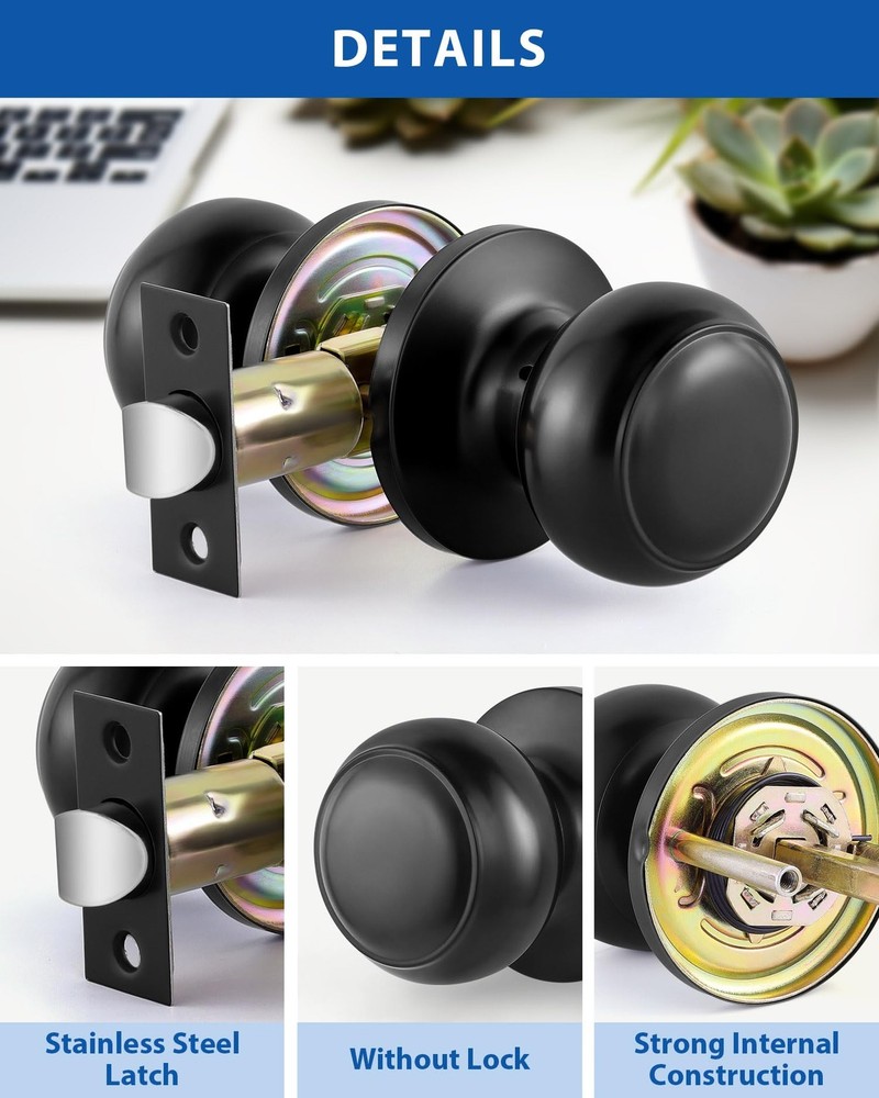 Lanwandeng Matte Black Passage Door Knobs Round Handles for 1 Pack,