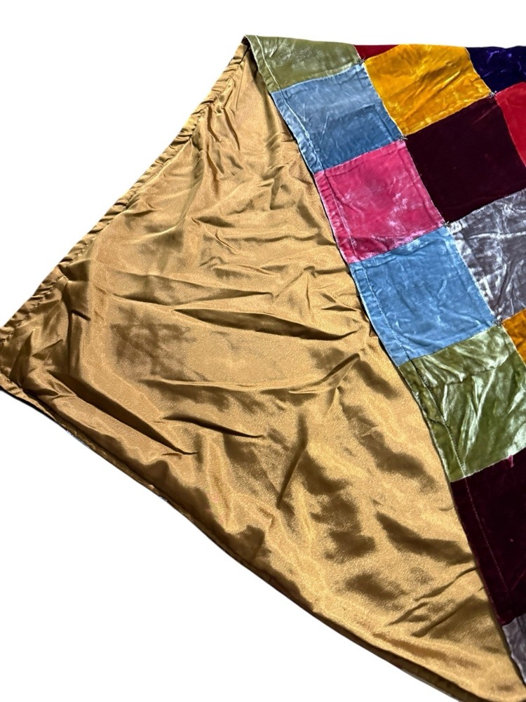 Velvet Patchwork Front Silk Lined Back Beaded Throw Shawl Lap Quilt Boho 68” X36