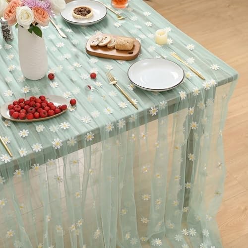 Embroidery Daisy Spring Summer Gauze Tablecloth 60"×84" (Rectangular) Green