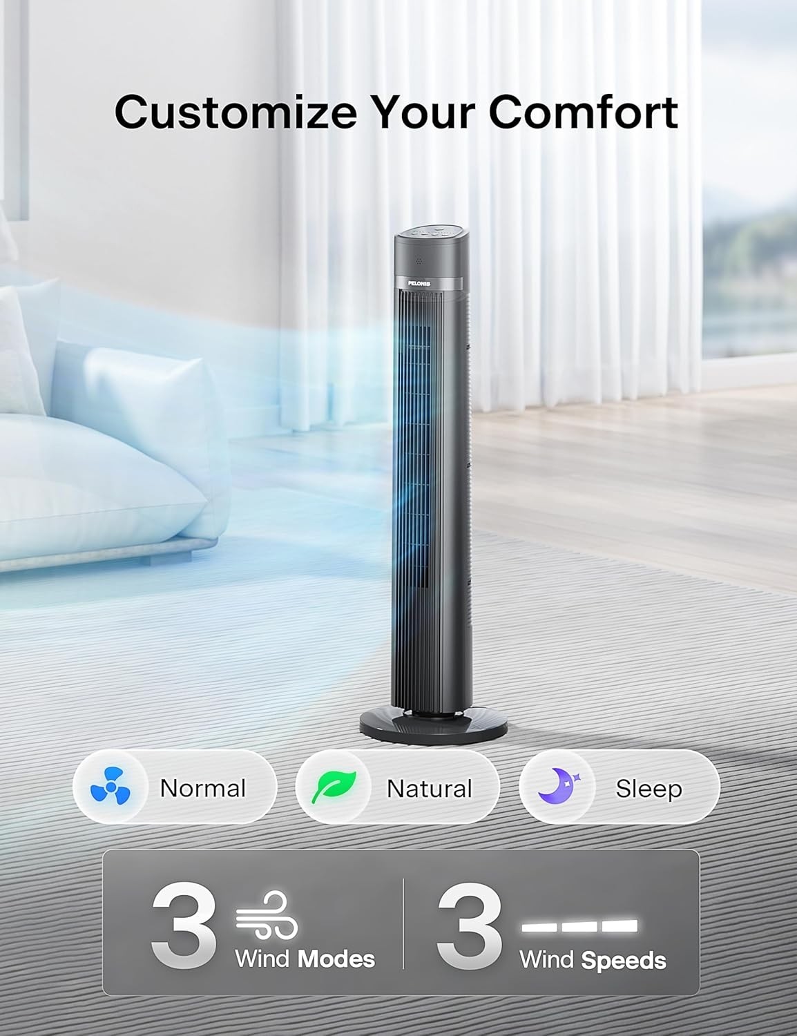 PELONIS 40" Bladeless Tower Fan Remote Control 3 Speed & Oscillation PSFZ40R3ALG