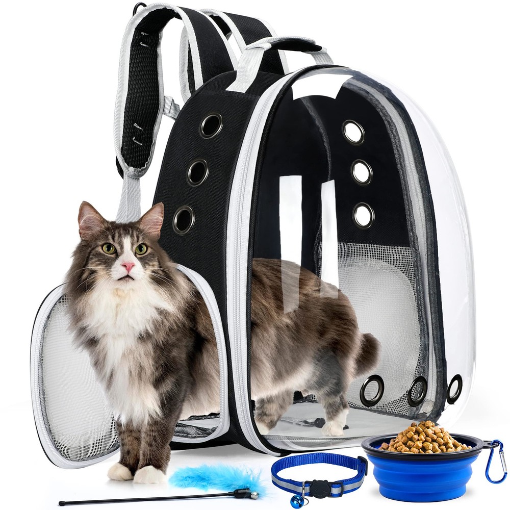 Cat Backpack Carrier with Collapsable Dog Bowl, Cat Collar & Interactive Cat ...