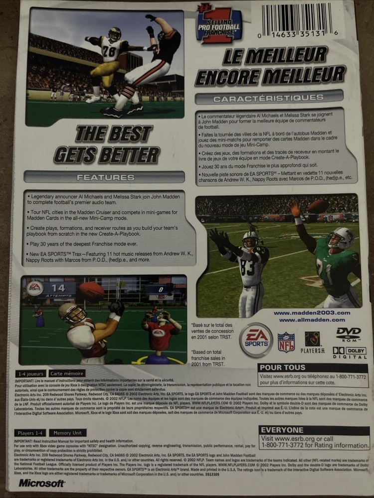 Madden NFL 2003 (Microsoft Xbox) French Instruction Manual Manuel D’utilisation
