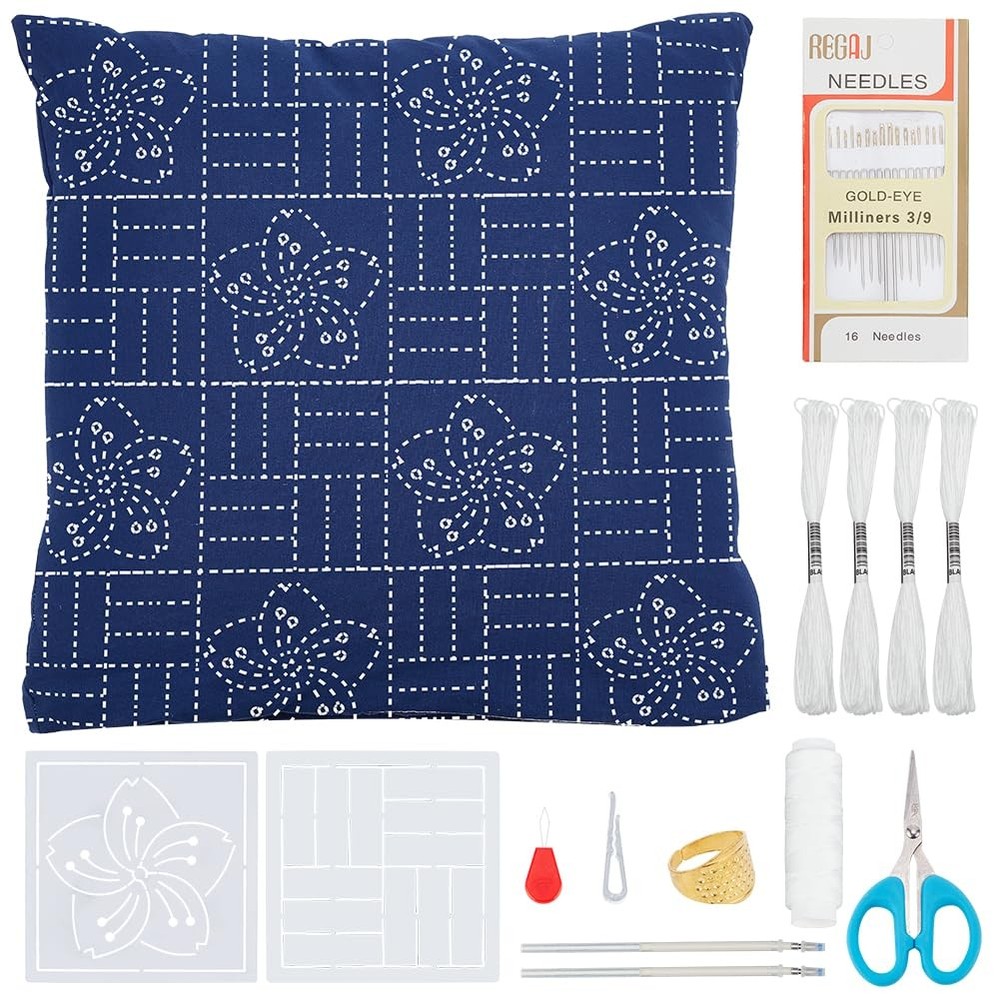 WEBEEDY Sashiko Pillowcase Template Kit DIY Pattern blue