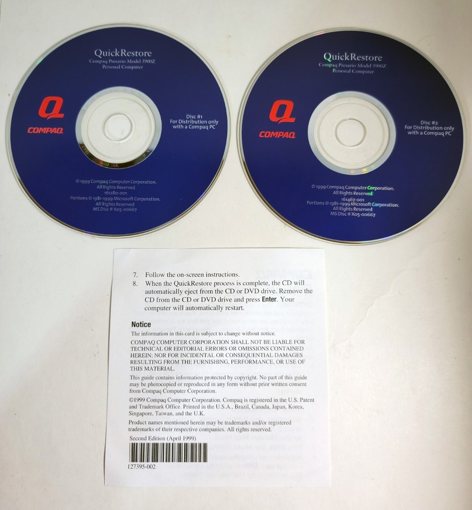 Compaq Quick Restore 2nd Edition April 1999 Computer Disk #1 & #2 Model 5900Z