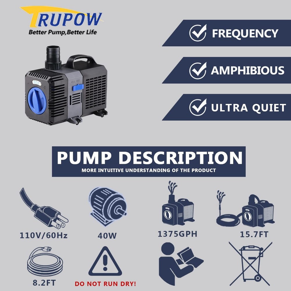 Trupow Flow Adjustable Frequency Electric Inline Garden Submersible Black