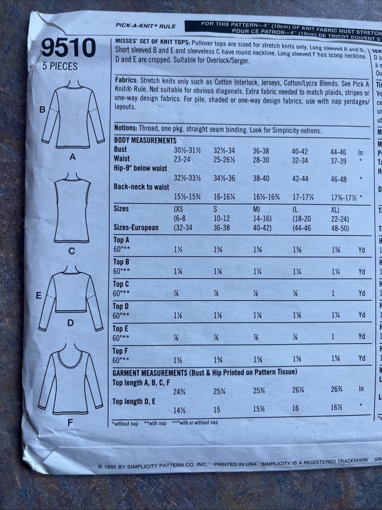 Simplicity Top Sewing Pattern 9510 XS S M Create 5 Stylish Tops - Knits Pattern