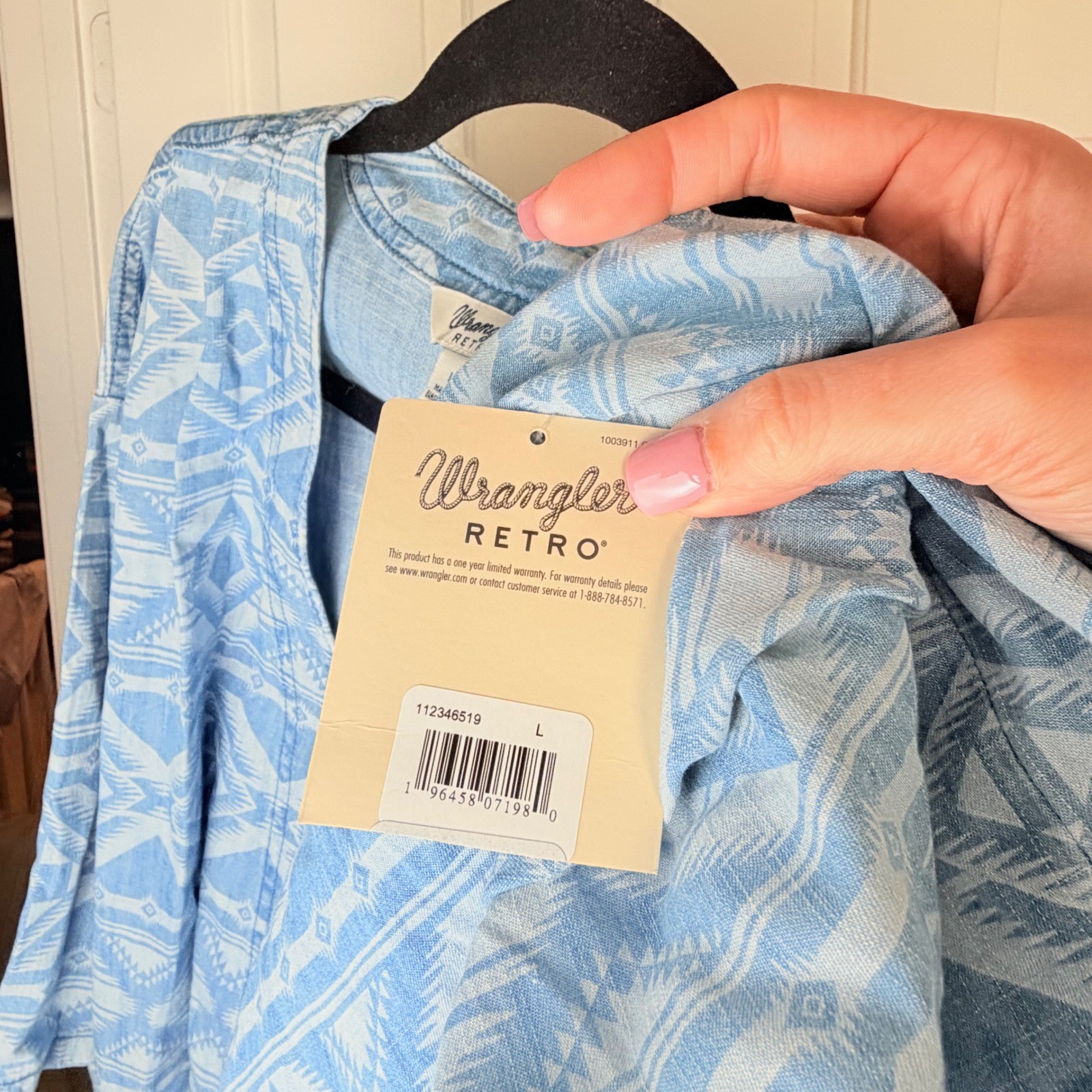 Wrangler Retro Denim Geometric Print Kimono Jacket Blue White Size L NWT