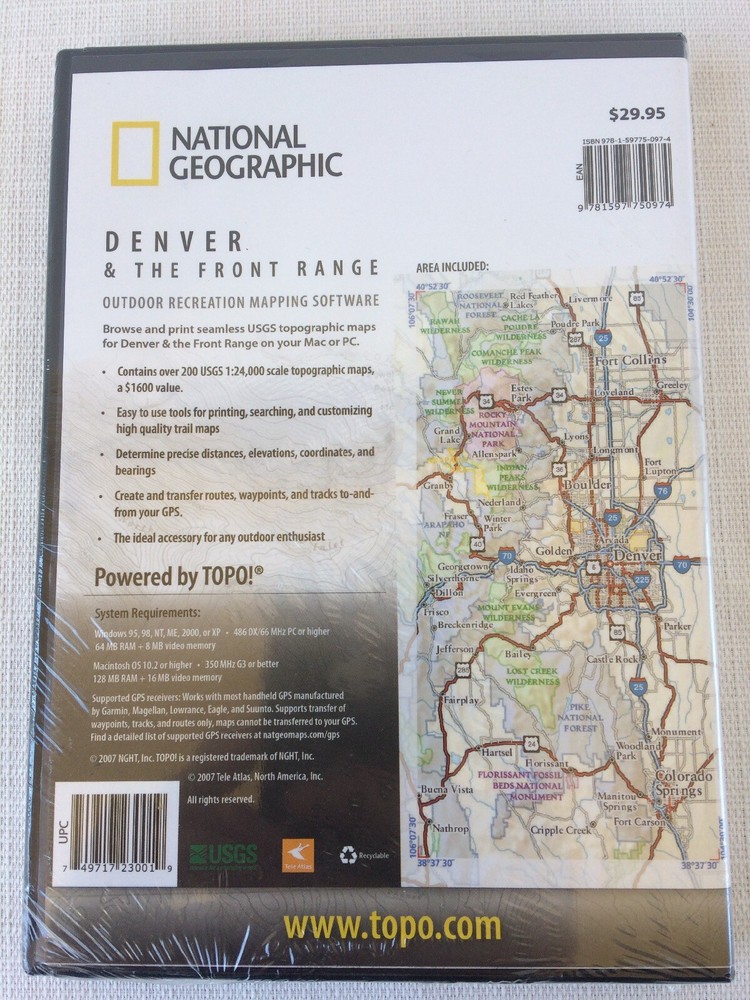 2007 National Geographic TOPO Mapping Software Denver & The Front Range