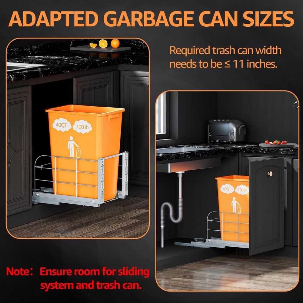 Pull Out Trash Can Under Cabinet with Soft-Close A-Single, Sliver